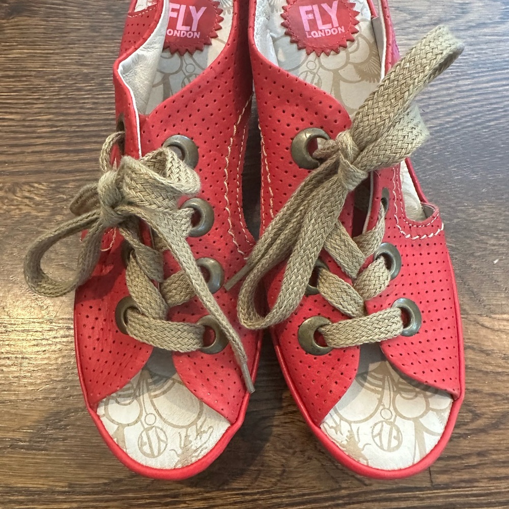 Fly London Red Leather Lace up Wedge Sandal